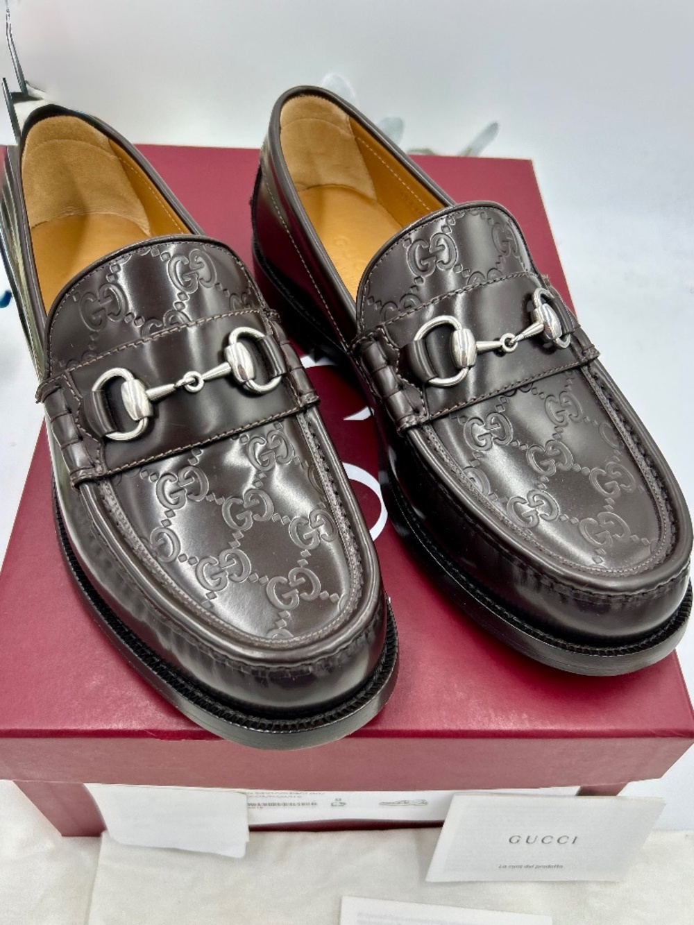 Men’s Gucci Kaveh GG Embossed Brown Leather Loafers. Size 8 (fits 9)